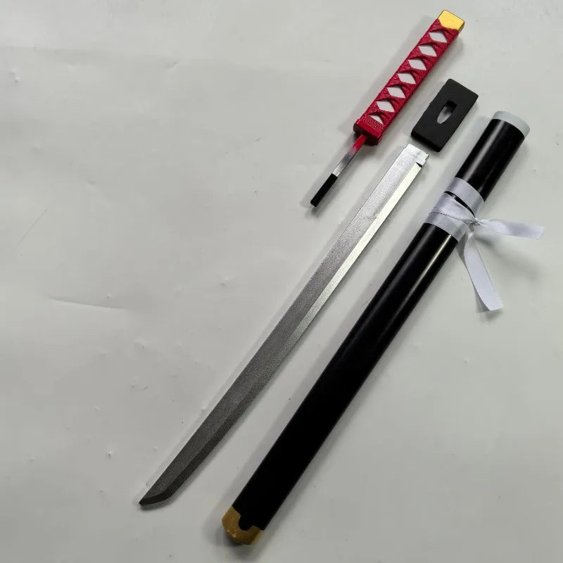 A cosplay katana prop featuring a red checkered grip and a black handle with a silver blade.