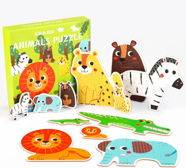 A set of wooden jigsaw puzzles featuring various animals like a lion, tiger, giraffe, and zebra.