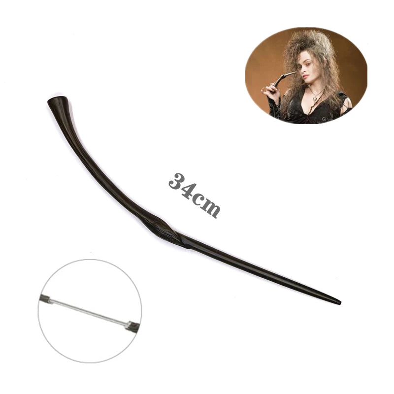 A long, slender, dark metal magic wand with a curved handle and a straight tip.
