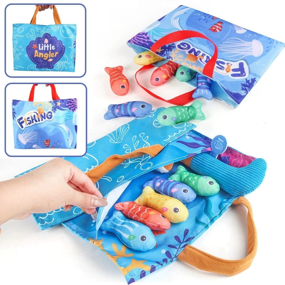 A set of toddler cloth fishing game and sorting cups for early learning, featuring various colored fish shapes.
