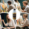 A bottle of 100ml Acrylic Paint Thinner & Fluid Medium for Gloss and Flow is shown next to artists painting on canvases.