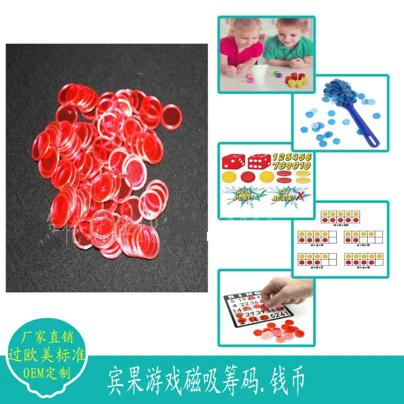 A collection of red magnetic bingo chips and game counters for a game set.