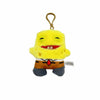 A yellow SpongeBob SquarePants plush toy with a gold hook and a brown Patrick Star plush toy.