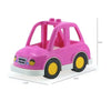 A pink city traffic vehicle building block set shaped like a car with a cab and yellow wheels.