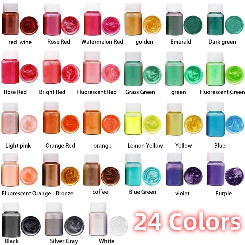 A collection of 24 colored mica pearl powders in various shades including reds, greens, yellows, and blues.