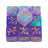 A set of ten acrylic D6 counter dice in various shades of purple and blue with gold markings.