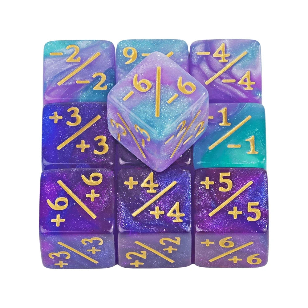 A set of ten acrylic D6 counter dice in various shades of purple and blue with gold markings.