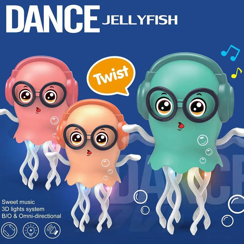 Two glowing, interactive jellyfish toys with large glasses are shown against a blue background.