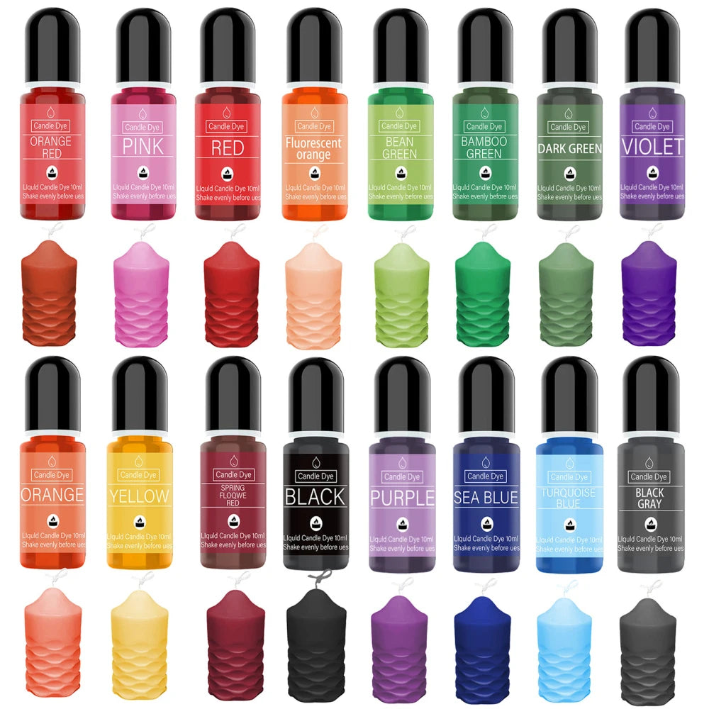 A collection of 16 liquid candle dye colors in glass bottles, including orange, pink, red, green, and purple shades.