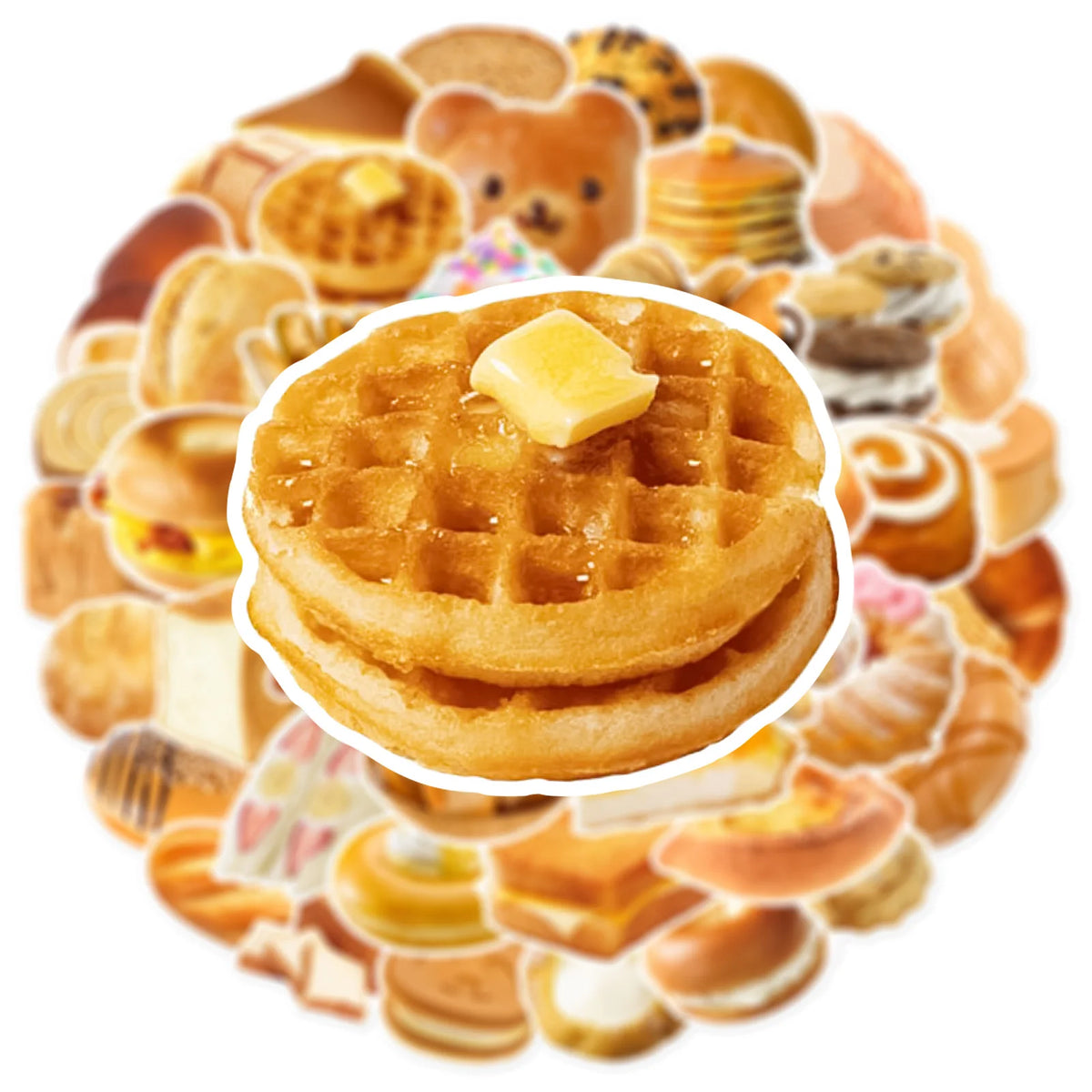 A circular arrangement of various food-themed stickers, including waffles, bread, and pastries.