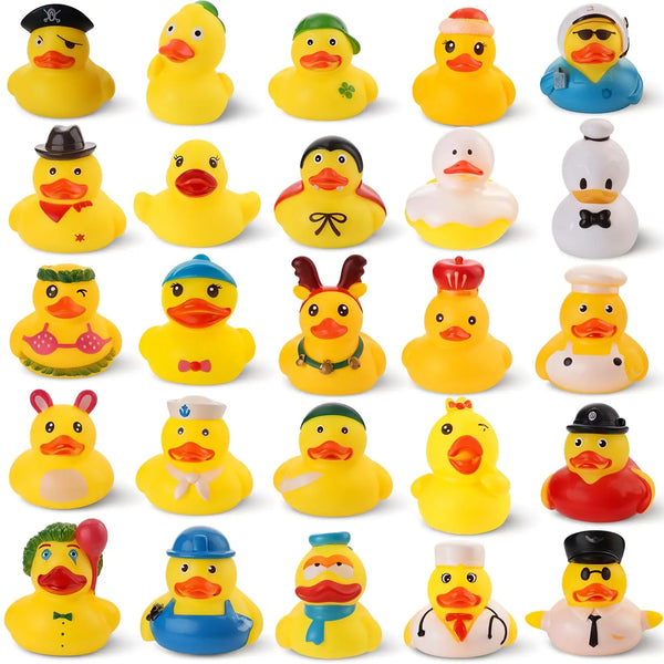 Assorted rubber ducks in various colors including yellow, orange, blue, and white.