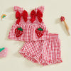 A red and white plaid toddler strawberry embroidered set for girls featuring a top and bottoms.