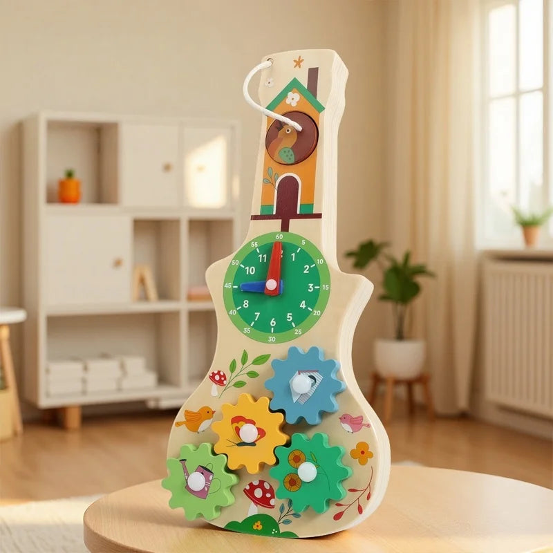 A wooden busy board for Montessori activities featuring gears and a clock on a light-colored background.