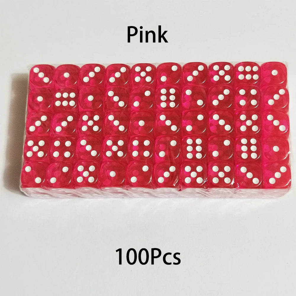 A row of 100 pink acrylic six-sided dice with white dots, packaged for tabletop games.