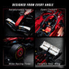 Close-up views of a red 1:8 scale open-wheel racing car model showing aerodynamic features, tires, and rear wing details.