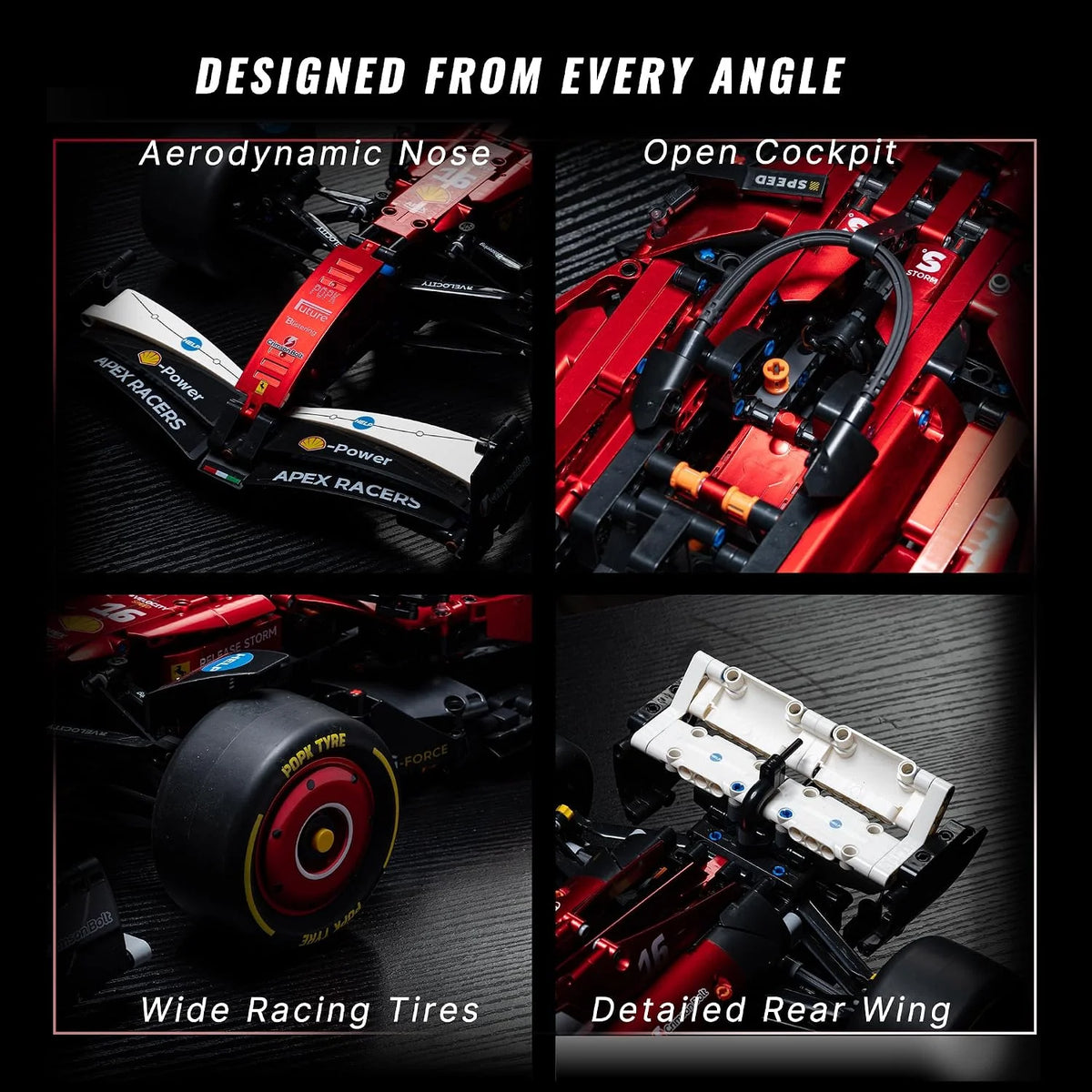 Close-up views of a red 1:8 scale open-wheel racing car model showing aerodynamic features, tires, and rear wing details.