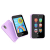 A pink kids smartphone toy with a dual camera and music player interface displayed on its screen.