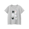 A light gray short-sleeve t-shirt featuring small printed illustrations of cats and rabbits.