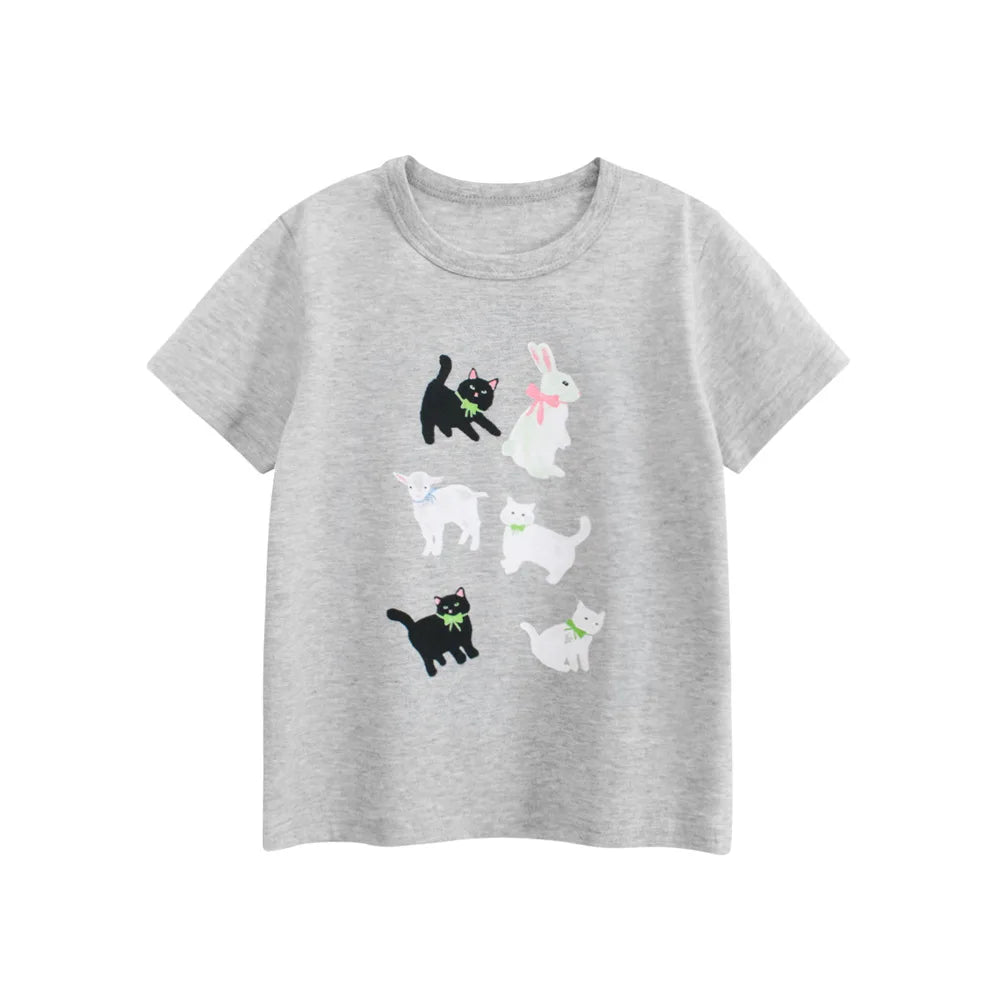 A light gray short-sleeve t-shirt featuring small printed illustrations of cats and rabbits.