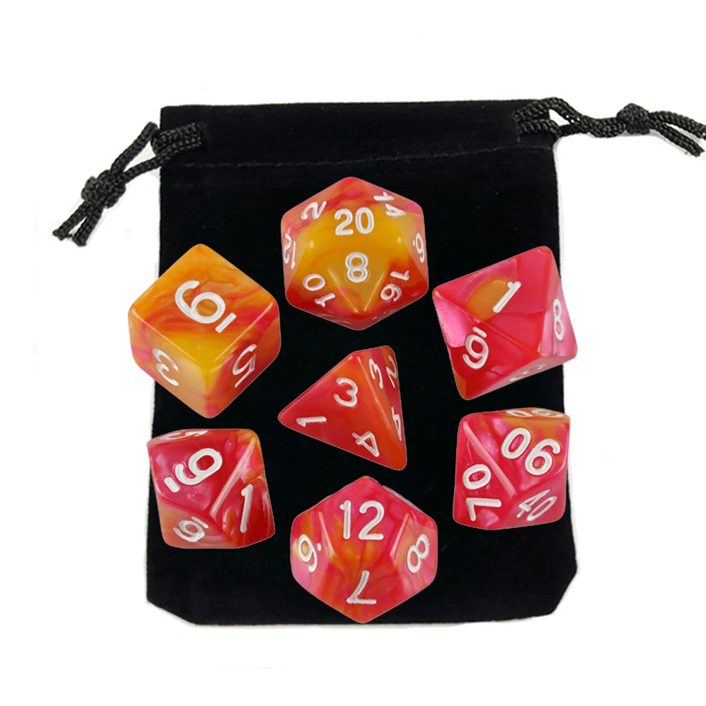 A set of polyhedral dice, including a 20-sided die and other dice, stored in a black fabric bag.