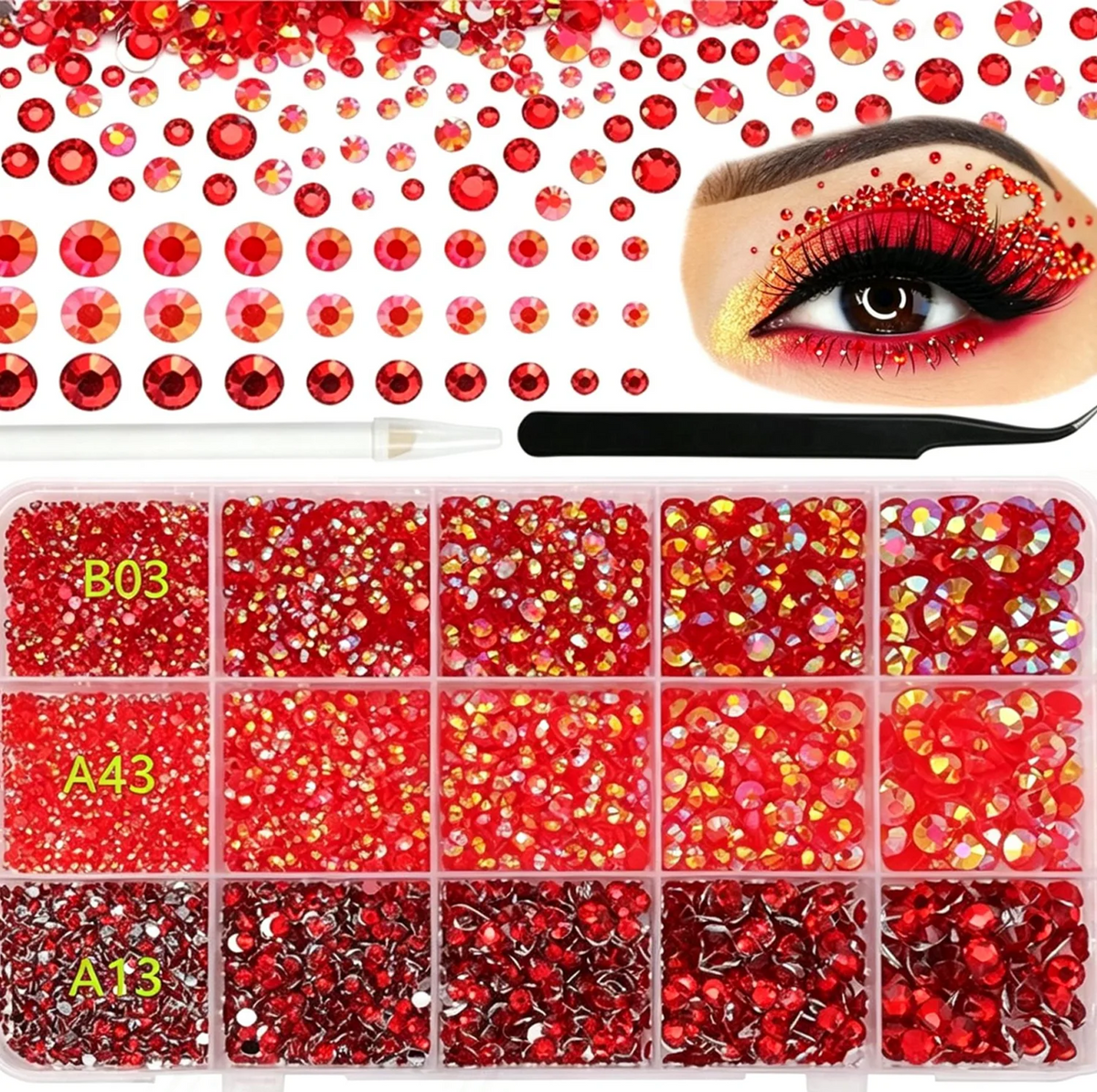 A collection of flatback resin rhinestones in various shades of red and gold for DIY crafts.