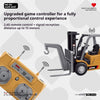A yellow mini RC construction vehicle set with a black remote control and accessories.