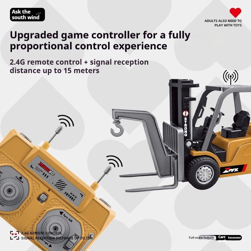 A yellow mini RC construction vehicle set with a black remote control and accessories.
