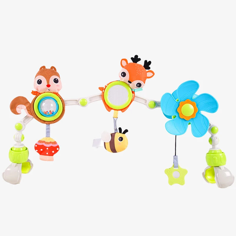 Verstellbares musikalisches Aktivitätsbogen für Baby-Reisen mit Tierfiguren und bunten Komponenten.