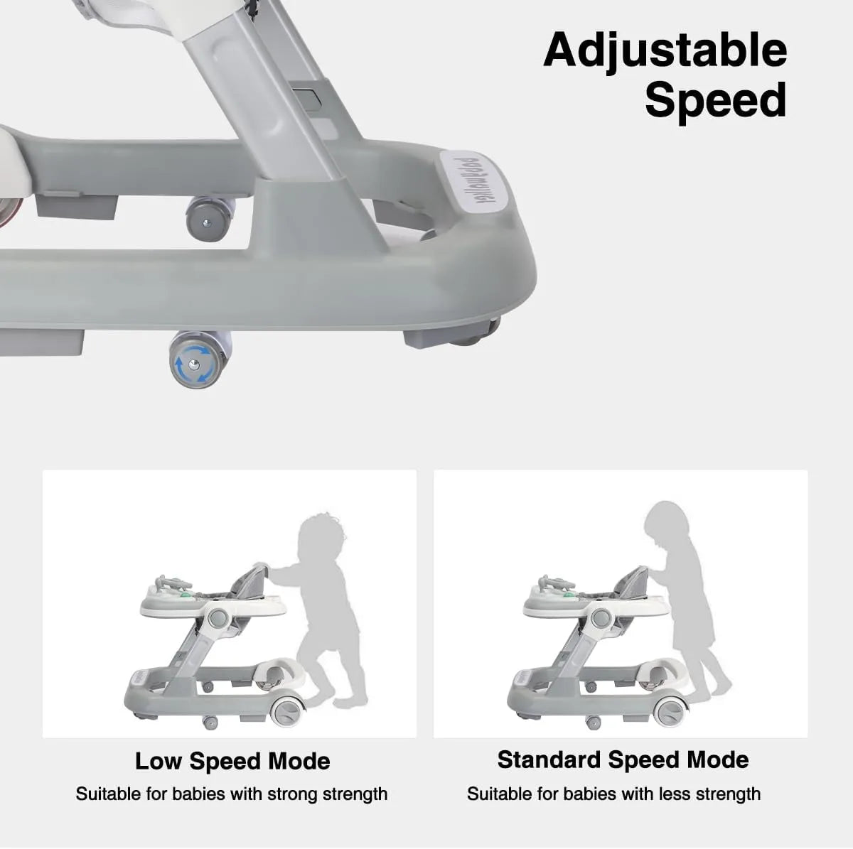 A gray adjustable speed toddler activity walker shown in different modes for babies with strong or less strength.