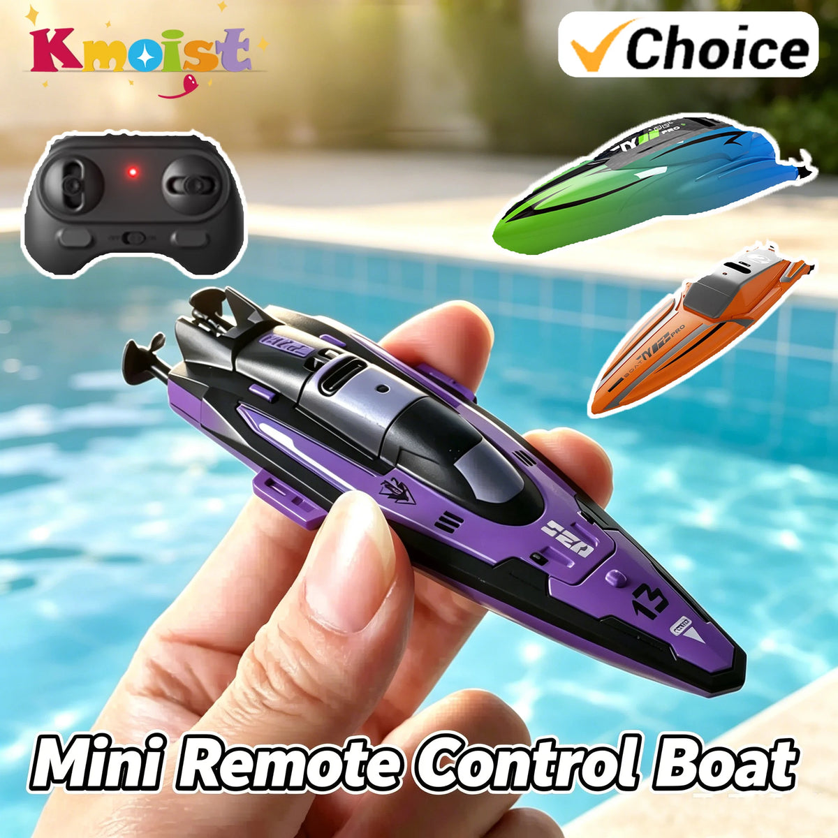 A hand holds a purple and black mini remote control boat with LED lights on a sunny water surface.