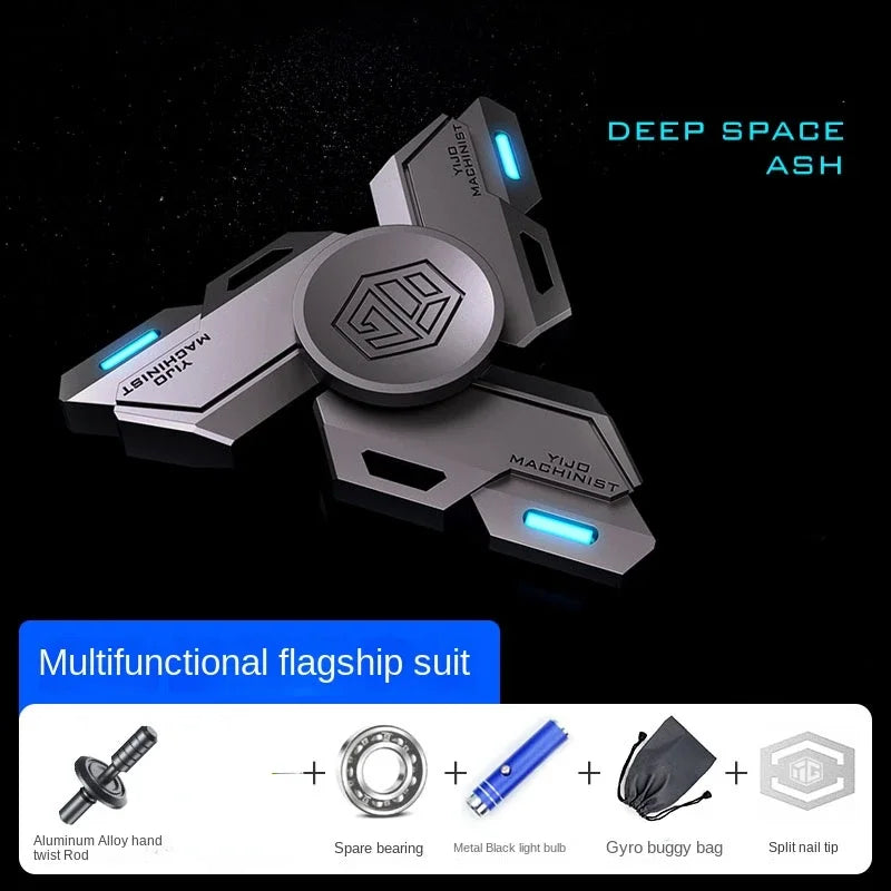 A silver multifunction flagship suit featuring a metal luminous fidget spinner and various components.