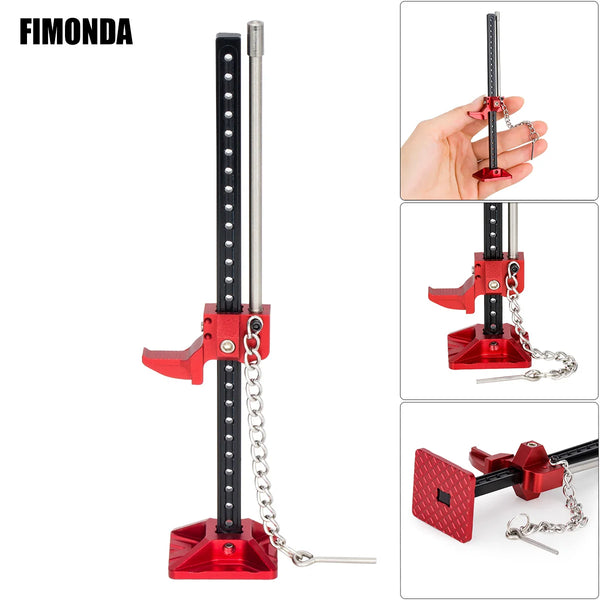 A red metal mini lifting jack with a chain and lever mechanism for RC crawler cars.