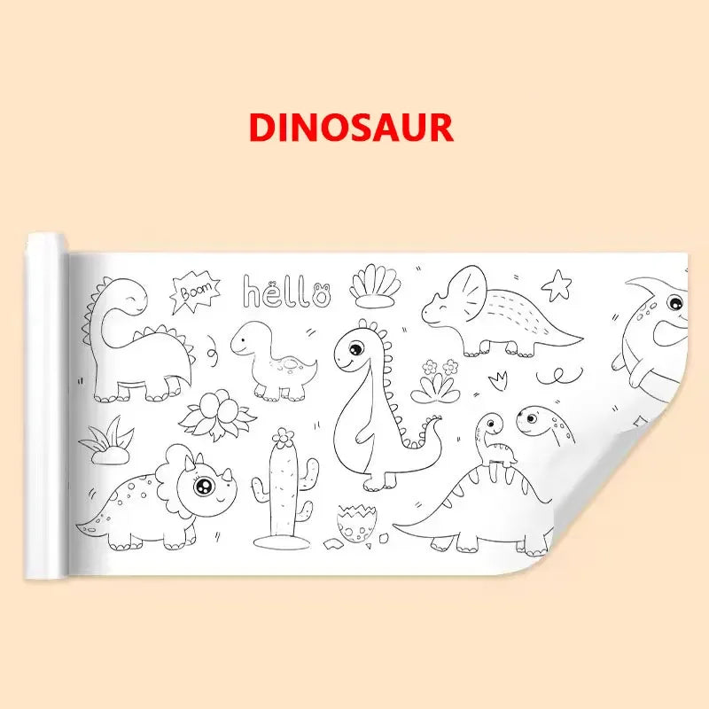 A roll of white sticky coloring paper featuring various dinosaur and plant illustrations for kids