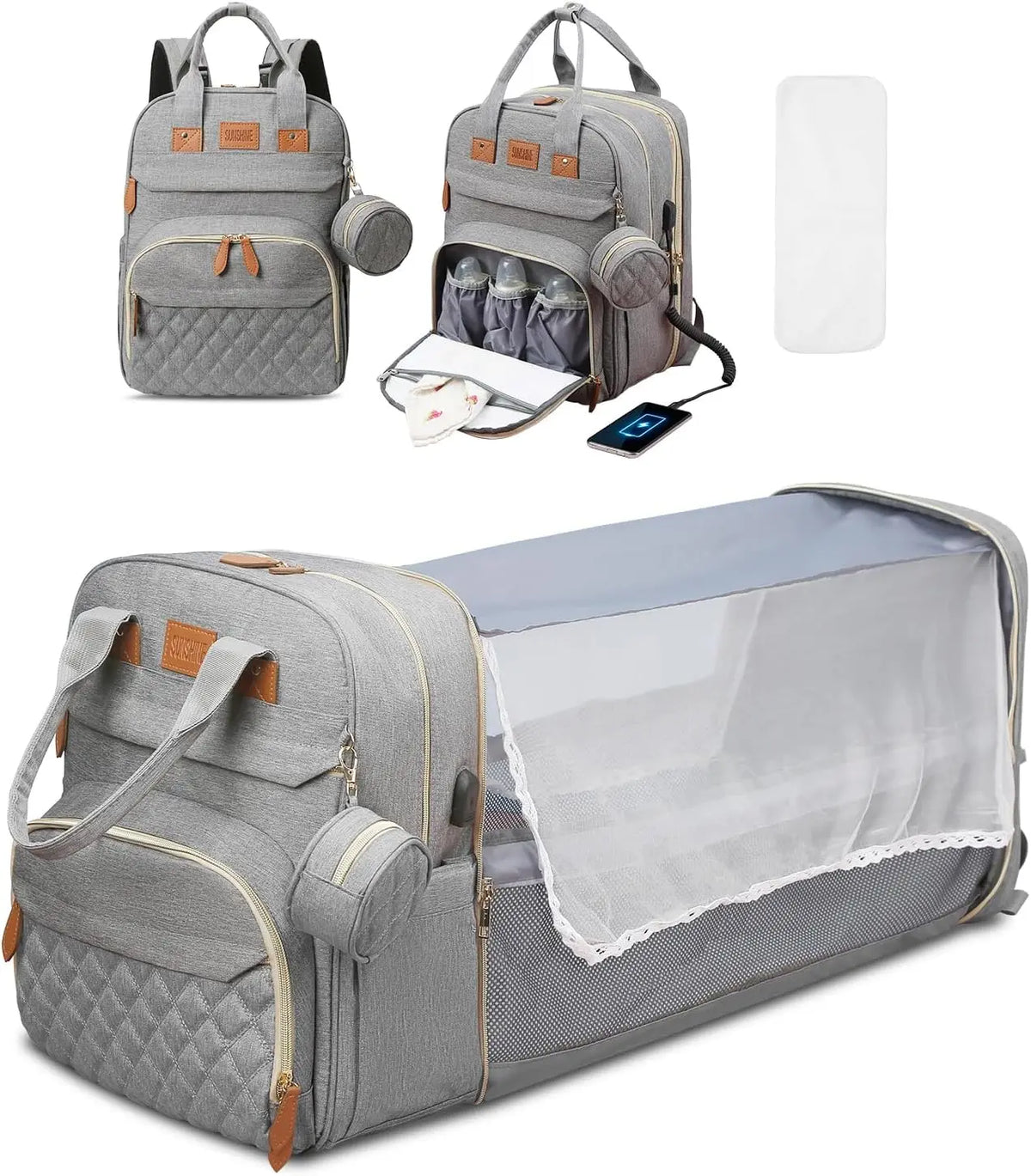 Grauer faltbarer Wickeltaschenrucksack mit klarem Aufbewahrungsfach und Zubehör.