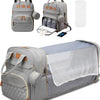A gray multifunctional diaper bag backpack with a built-in changing pad and USB port.