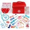 A red medical kit for pretend play featuring a stethoscope, syringe, thermometer, and various tools for children.