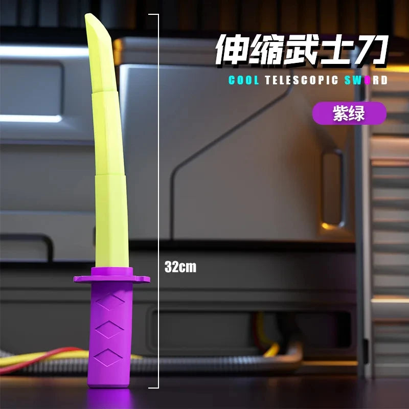 A yellow telescoping sword with a purple handle is shown against a blurred background.