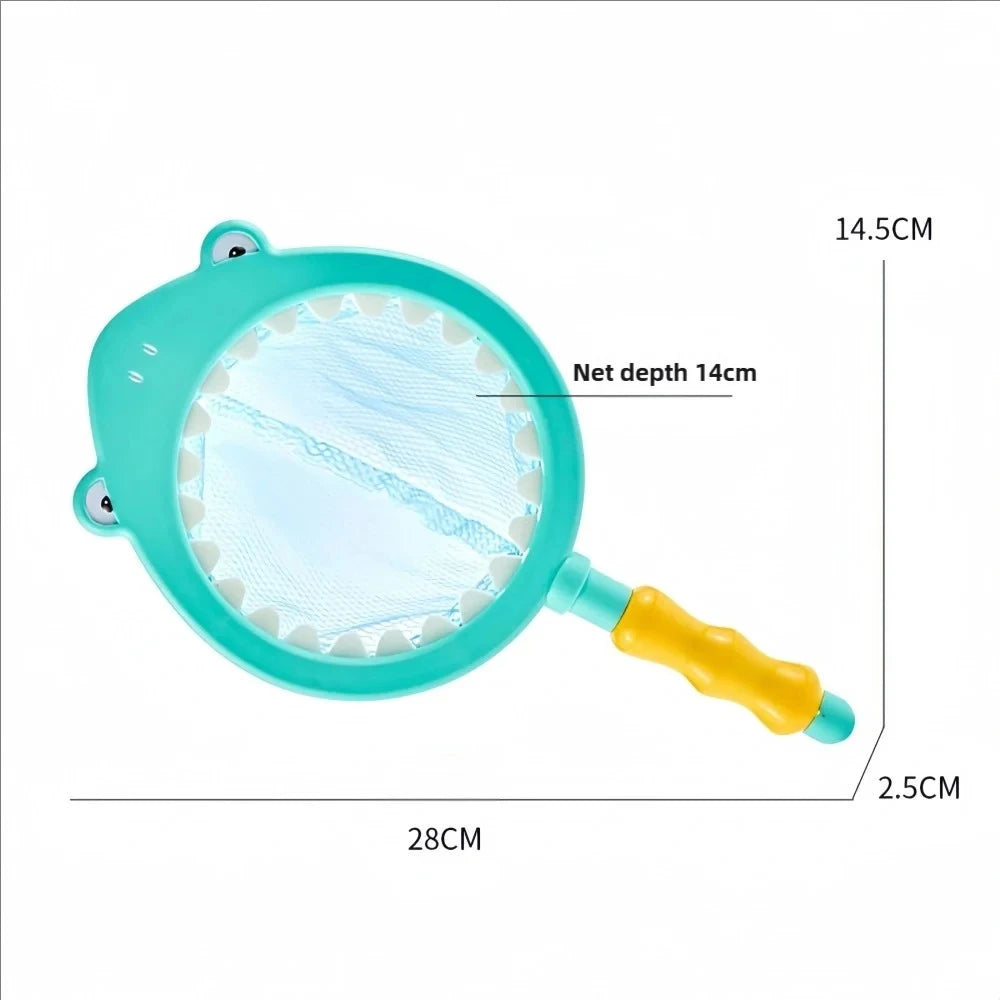 A teal bath toy shaped like a turtle with a fishing net, measuring 28cm long and 14.5cm high.