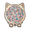 A wooden cat jigsaw puzzle featuring many small, colorful cats arranged in a circular pattern.
