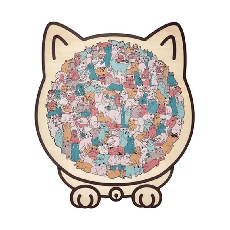 A wooden cat jigsaw puzzle featuring many small, colorful cats arranged in a circular pattern.