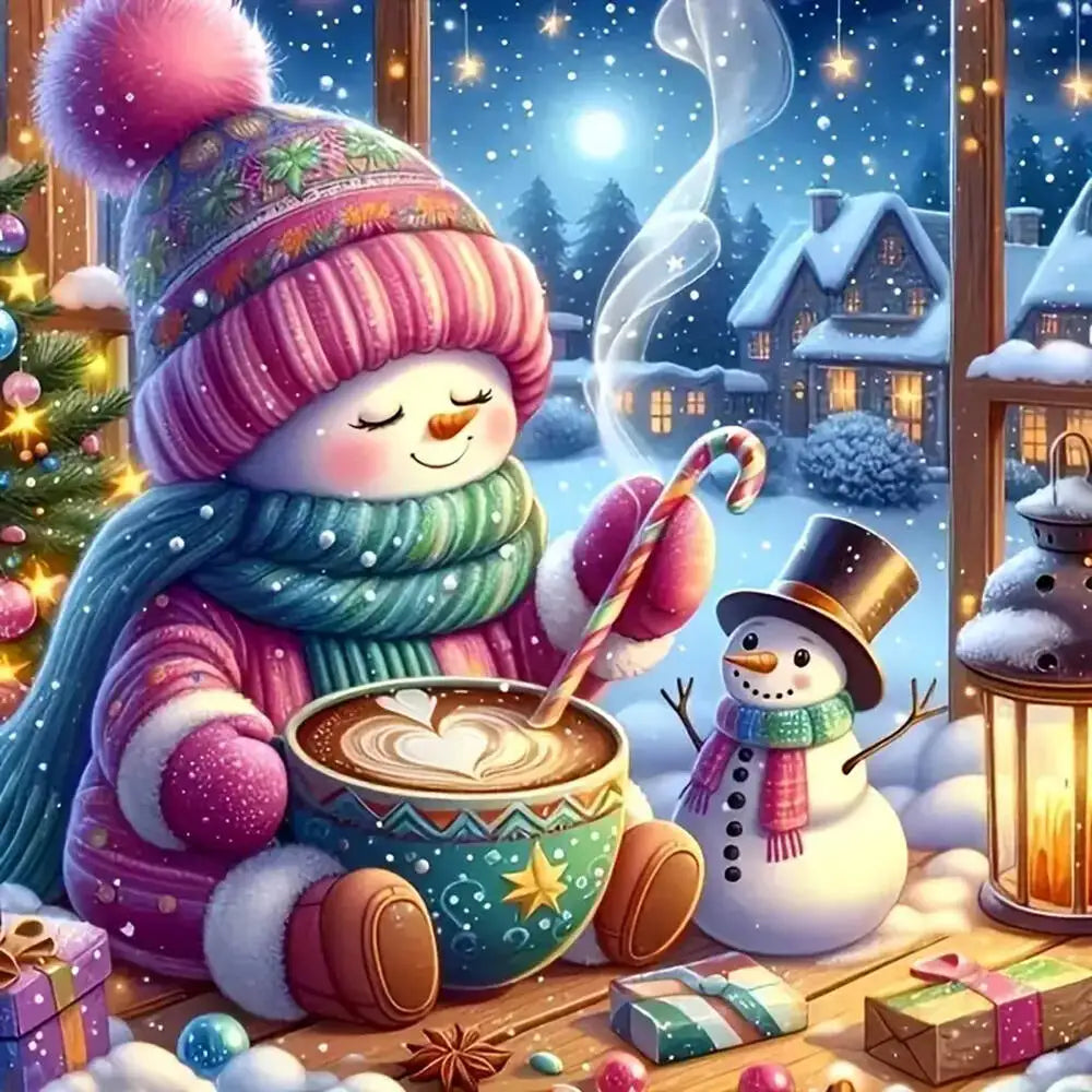 A festive 5D diamond painting kit featuring a detailed snowman and Christmas tree in a winter scene.