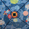 A colorful pop-up play tent featuring various space-themed toys and figures against a blue starry background.