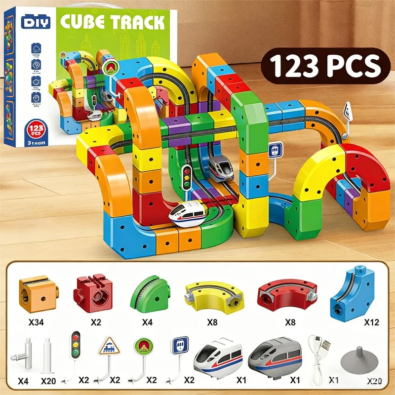 A set of 123 magnetic building blocks forming a colorful train track and various components for a model train set.