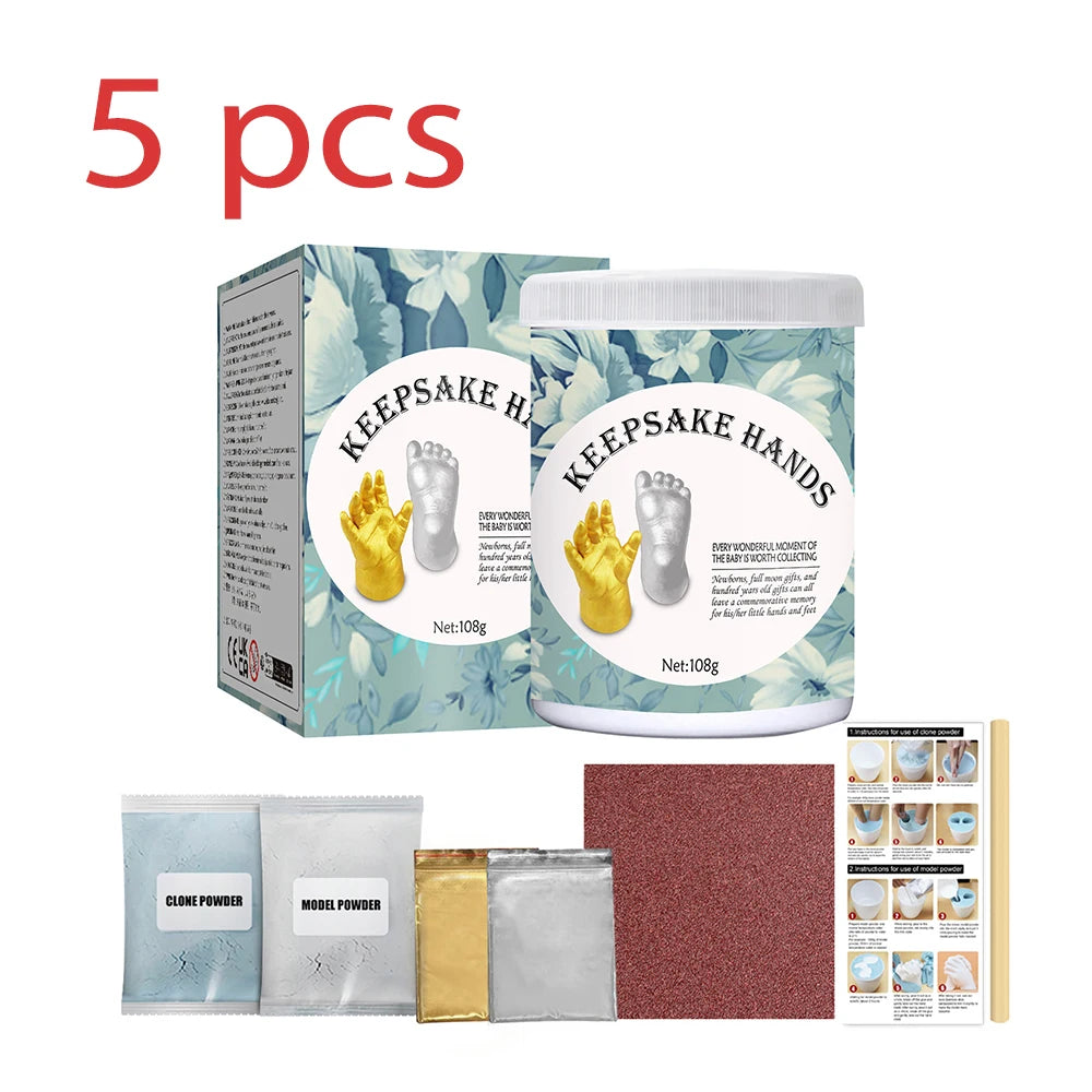 A box of keepsake hands with 5 pieces, including silicone molds and casting materials.