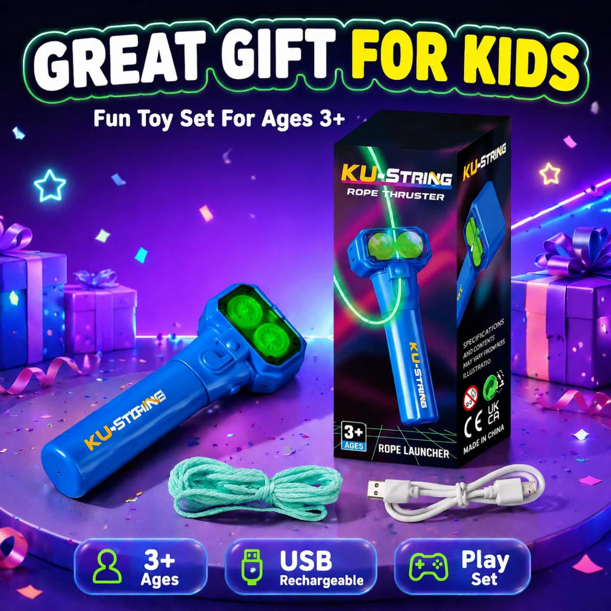 A blue rope thruster toy set for kids featuring a glow-in-the-dark launcher and accessories.