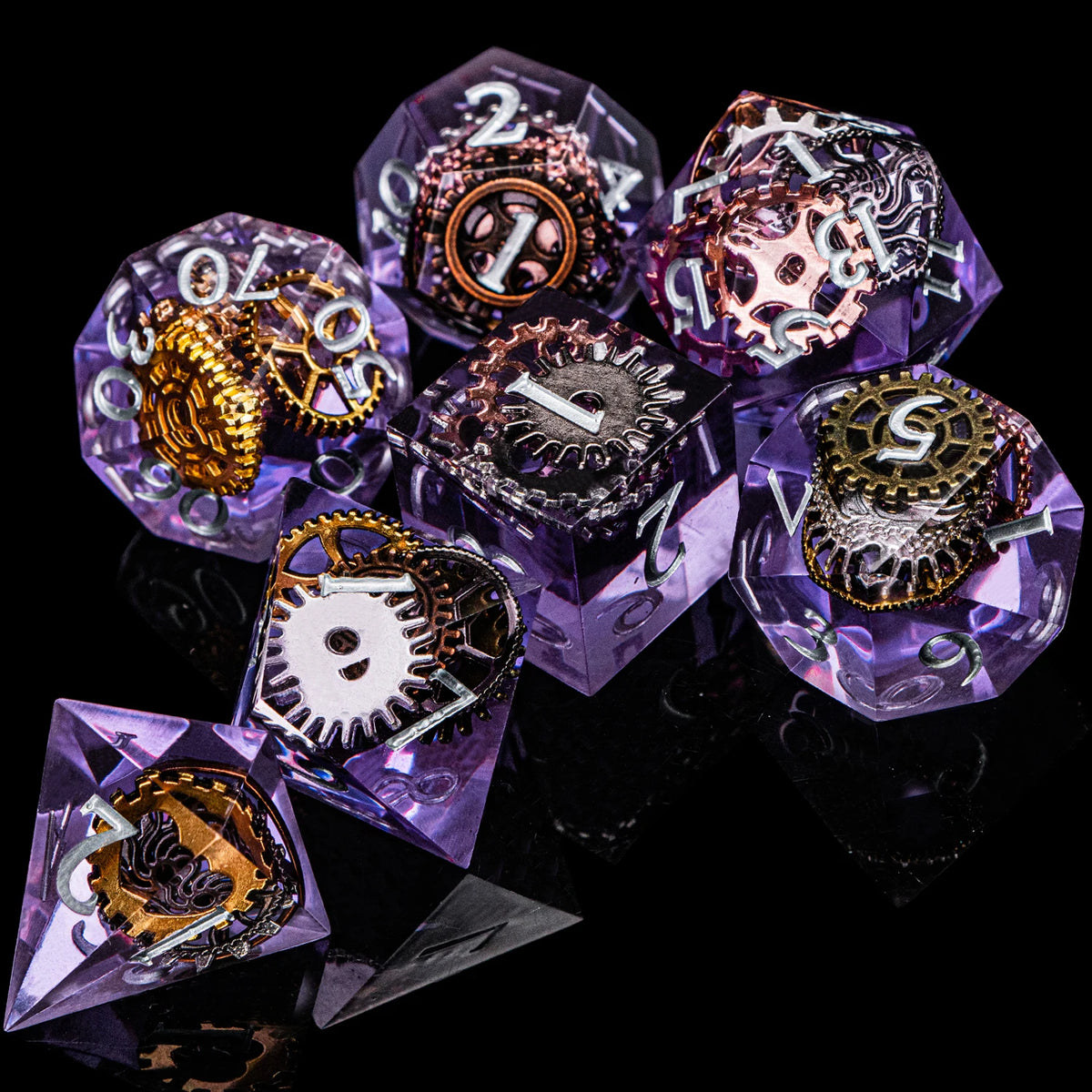 A collection of purple resin dice featuring intricate mechanical designs and various numbered faces.