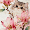 A fluffy gray kitten is nestled among pink watercolor flowers and green leaves on a textured background.