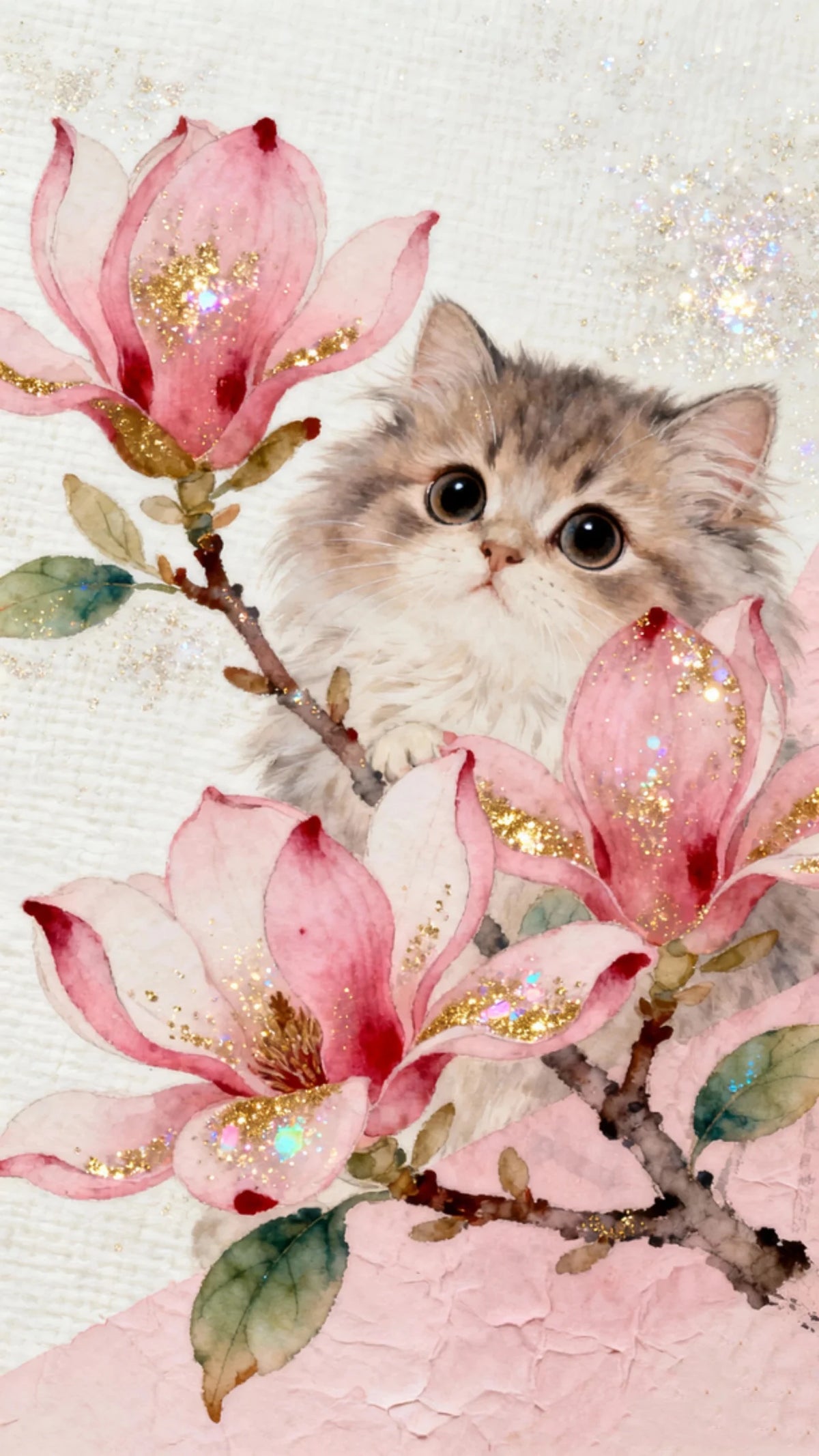 A fluffy gray kitten is nestled among pink watercolor flowers and green leaves on a textured background.