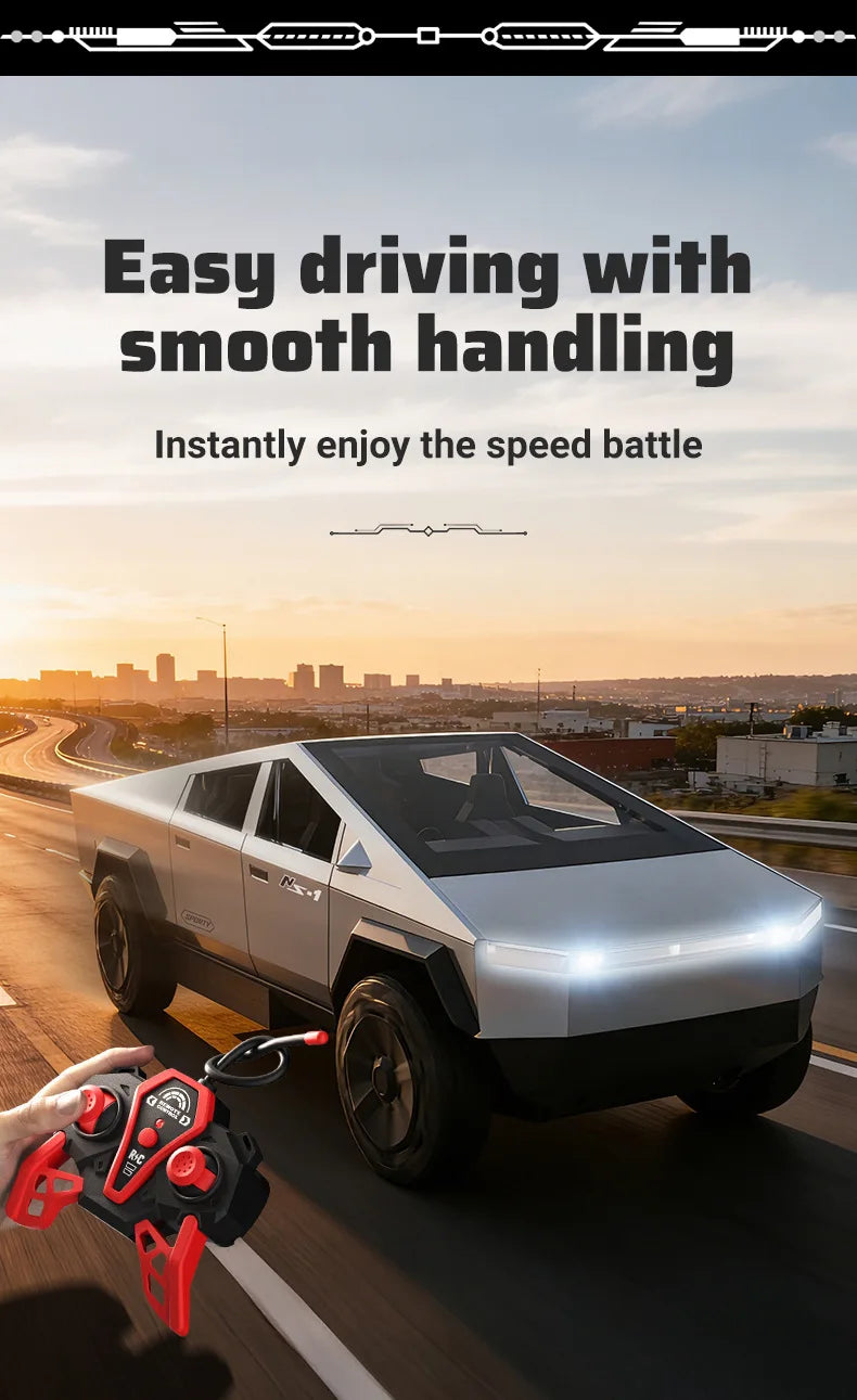 A white high-speed off-road RC cyber truck with LED lights is driving on a road, viewed from the side.