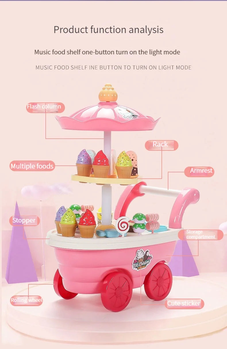A pink ice cream truck pretend play set with various foods and accessories on a light pink surface.
